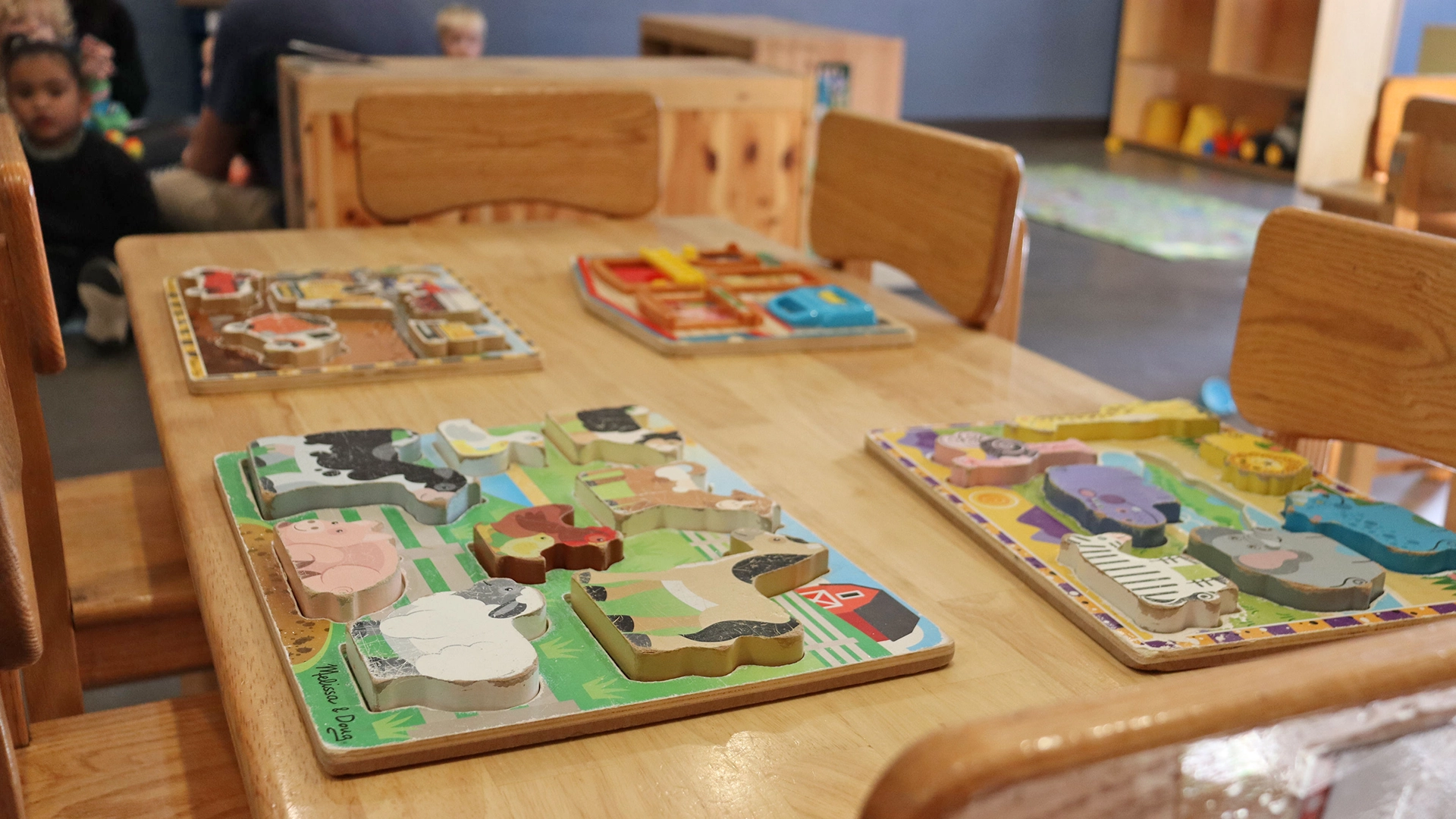 A play area set up on a table at a Little Sprouts daycare